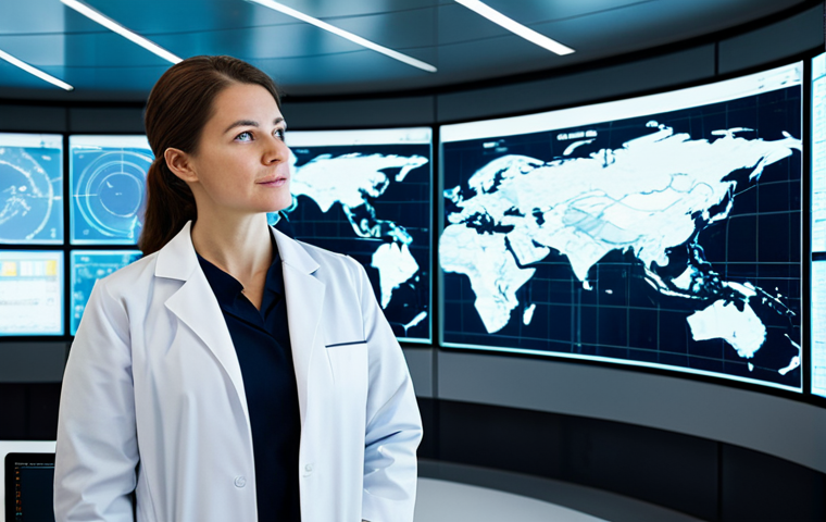 A professional female data scientist in a modest lab coat, standing in a futuristic environmental monitoring control room. Large holographic screens display intricate, real-time global climate data visualizations, showing detailed weather patterns, precise air quality readings from IoT sensors, and sophisticated predictive models. The environment is clean, brightly lit, and technologically advanced, conveying a sense of scientific precision and environmental stewardship. Fully clothed, appropriate attire, safe for work, perfect anatomy, correct proportions, natural pose, professional photography, high quality, appropriate content, family-friendly.