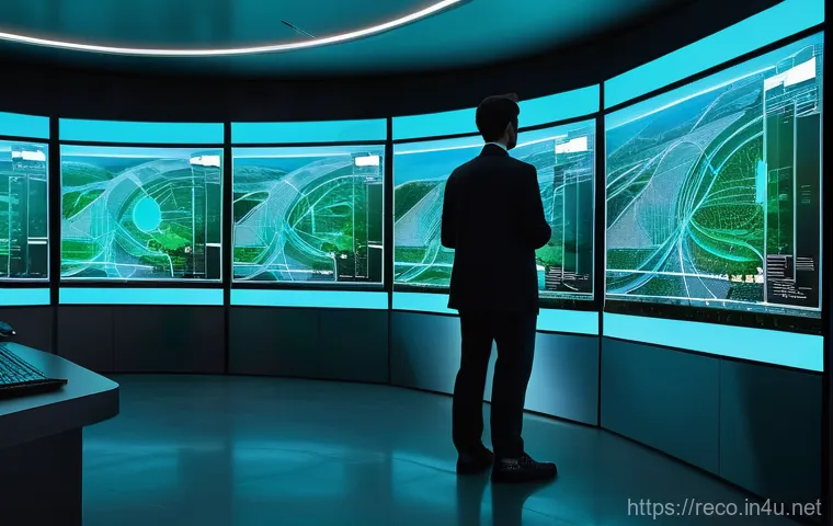 환경문제 해결을 위한 비즈니스 모델 - **AI-Powered Environmental Control Center**
A futuristic, brightly lit control room, designed wi...