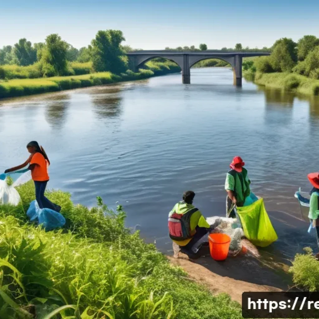 환경오염 문제 해결 프로젝트 사례 - A vibrant community river cleanup scene featuring diverse groups of residents, including teenagers a...