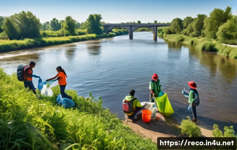환경오염 문제 해결 프로젝트 사례 - A vibrant community river cleanup scene featuring diverse groups of residents, including teenagers a...