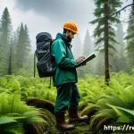 생태환경 전문가의 일과 시간 관리 - A detailed scene of an ecological field researcher wearing practical outdoor clothing and sturdy boo...