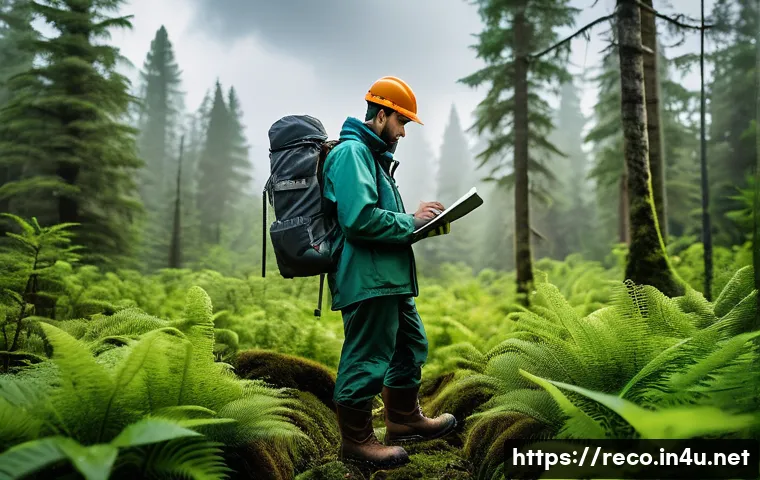 생태환경 전문가의 일과 시간 관리 - A detailed scene of an ecological field researcher wearing practical outdoor clothing and sturdy boo...