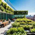 생태환경 관련 최신 뉴스와 동향 - A vibrant urban rooftop garden on a modern city building during a sunny day, featuring lush green tr...