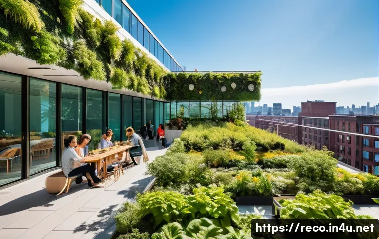 생태환경 관련 최신 뉴스와 동향 - A vibrant urban rooftop garden on a modern city building during a sunny day, featuring lush green tr...