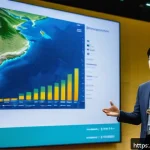 생태환경 관련 학술 발표 준비 - A detailed, vibrant scientific conference scene showcasing a presenter standing confidently on stage...