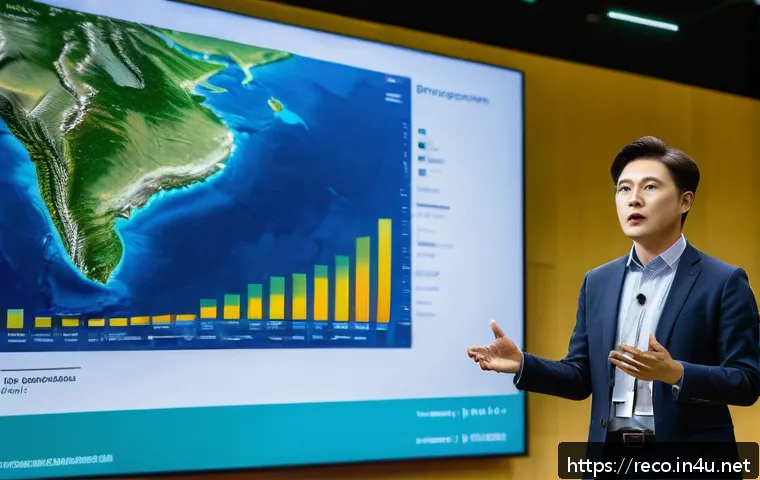 생태환경 관련 학술 발표 준비 - A detailed, vibrant scientific conference scene showcasing a presenter standing confidently on stage...