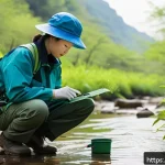 생태환경 실무 경험자의 진로 조언 - A detailed scene of an environmental scientist conducting a field survey in a lush ecological restor...