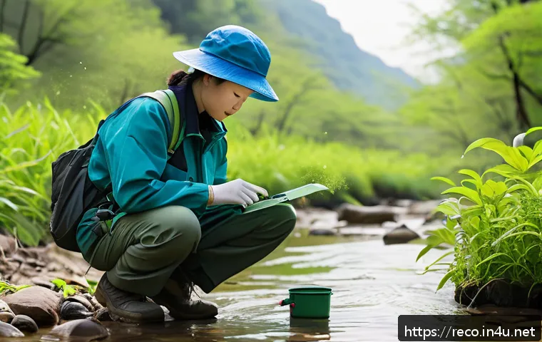 생태환경 실무 경험자의 진로 조언 - A detailed scene of an environmental scientist conducting a field survey in a lush ecological restor...