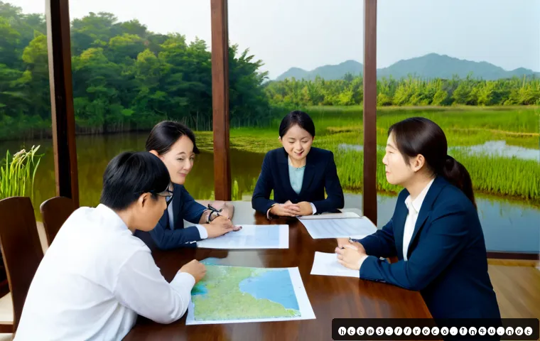 생태환경 법적 분쟁 해결 방법 - Photorealistic environmental legal dispute resolution meeting, diverse lawyers, community representa...