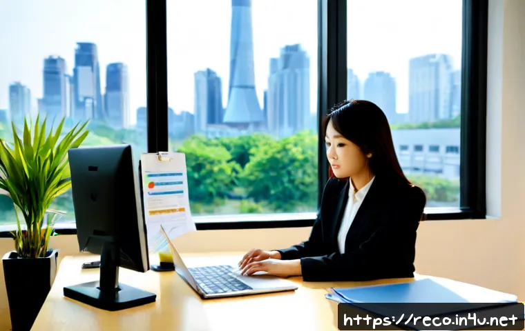 Home 17 환경법규 및 정책 변화 모니터링 - Photorealistic environmental compliance analyst at a clean modern desk, examining a laptop dashboard...